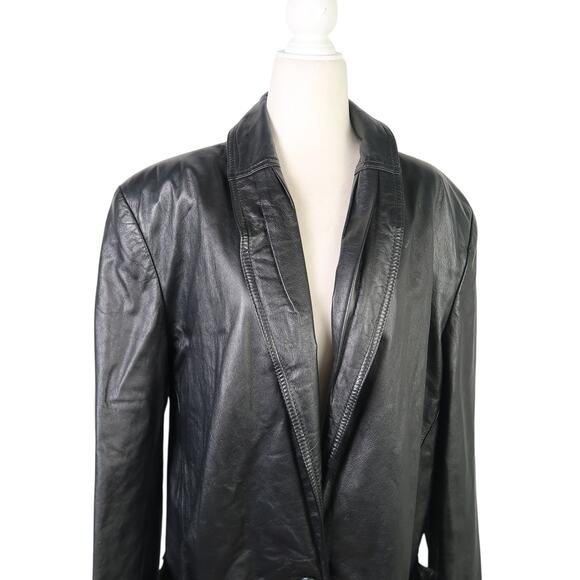 Vintage 80s Pelle Black Leather Mid-Length Blazer Jacket Oversized M - Picture 2 of 6